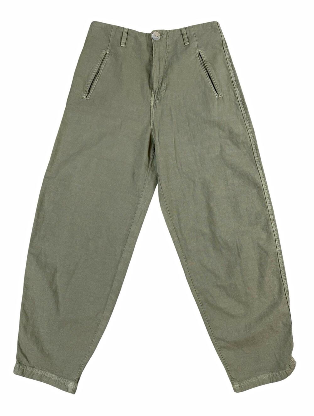 ZARA Pants Womens 6 Green Cotton Linen Twill High Rise Tapered Ankle Barrel NWT